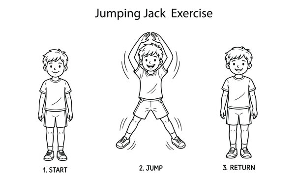 Boy Performing Jumping Jacks Exercise Step-by-Step Sequence, Black and White Outline Illustration