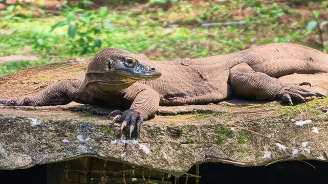 Komodo dragon resting on a large stone ledge in a natural environment with green background