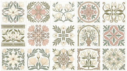 Set of decorative floral tiles with elegant magnolia flower patterns in pastel colors. © Pink