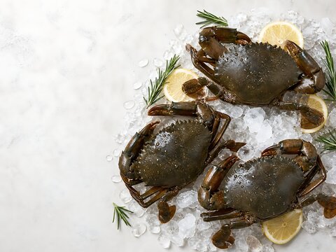 Fresh raw mud crabs resting on bed of crushed ice with lemon slices and rosemary, highlighting gourmet fresh seafood display, ocean catch, and culinary seafood ingredients.