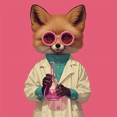 Obraz premium Cute fox doctor wearing stylish round eyeglasses holding glass flask. Anthropomorphic animal scientist in medical lab coat. Digital illustration for sticker, poster, and greeting card.