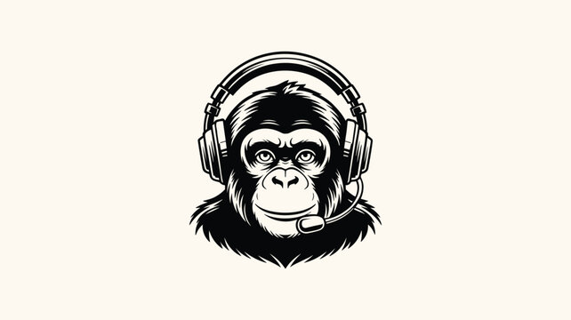 Cool chimpanzee head wearing modern headphones with microphone for gaming and music logo.