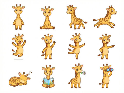 Cute Baby Giraffe Cartoon Character Pose Collection Isolated on White Background