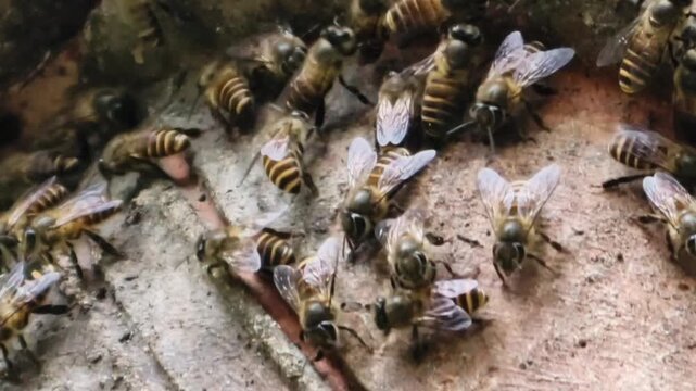 Detailed Close-up Shot of Honeybees Clustering Together in a Natural Hive Environment