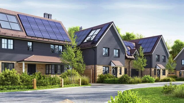 Modern Residential Street with Beautiful Houses and Rooftop Solar Panels