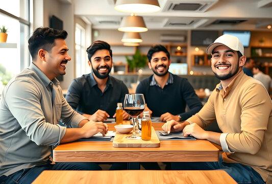 Four happy young men dining together in a restaurant