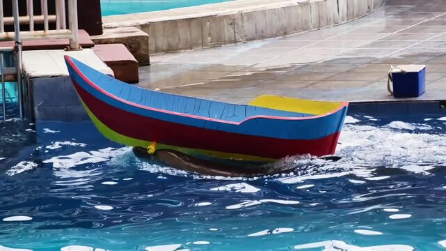 Colorful boat submerged in blue water with a dolphin beneath the surface
