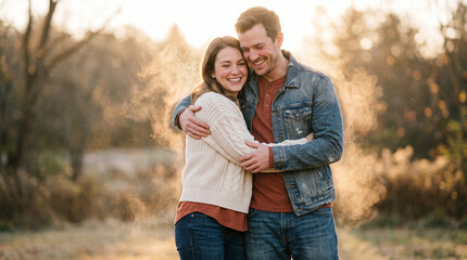Fototapeta premium Smiling couple embracing outdoors in autumn