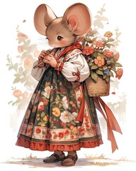Little mouse girl wearing traditional folk dress and carrying floral basket. Cute children book illustration featuring animal character in decorative ethnic costume for fairy tale story. © Margarita Ratatosk