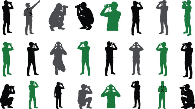 People observing with binoculars silhouette collection on transparent background