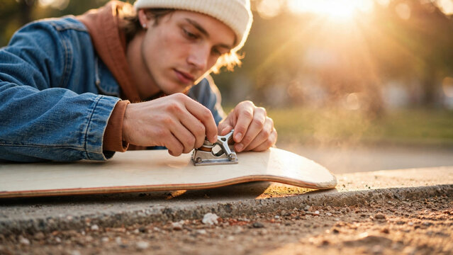 Young man repairing skateboard outdoors at golden hour
