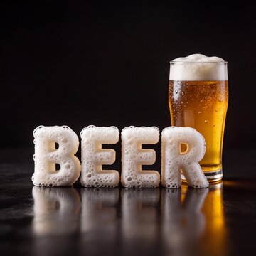 Word BEER Spelled with Frothy White Foam Next to a Chilled Glass of Golden Lager Beer on Dark Surface
