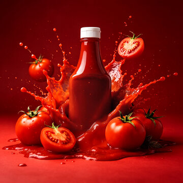 Vibrant Ketchup Bottle Surrounded by Fresh Ripe Tomatoes Amidst Dynamic Red Sauce Splashes