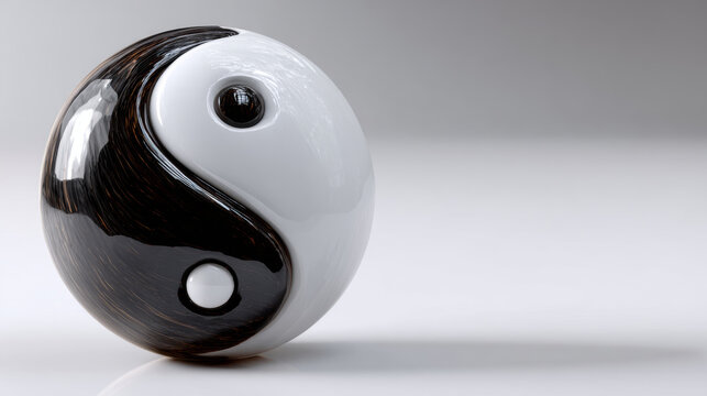 Classic Yin Yang symbol, glossy black and white sphere, represents profound balance and harmony. spiritual object embodies fascinating opposite dualism, reflecting ancient oriental philosophy