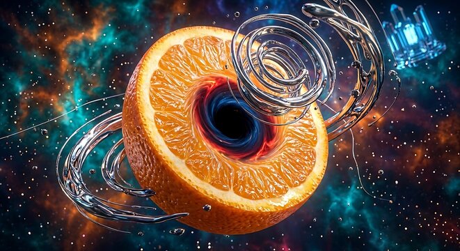 Surreal cosmic scene featuring a sliced orange containing a black hole vortex surrounded by liquid metal spirals in outer space