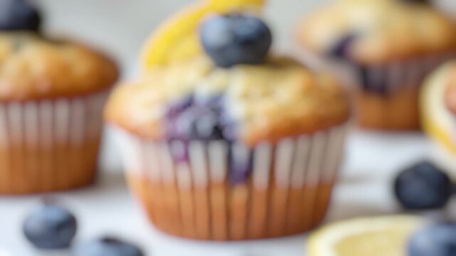 A fresh-baked muffin topped with juicy blueberries, perfect for snacking or serving as a breakfast treat