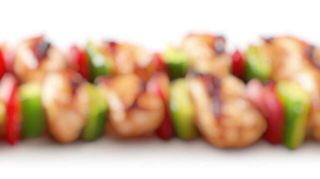 A close-up shot of various foods such as meat, vegetables and fruits, arranged on skewers for serving or presentation