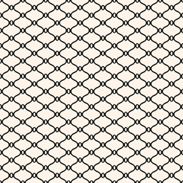 Black and white curved grid pattern. Minimal vector seamless texture with mesh, net, lattice, fishnet. Monochrome ornament in oriental style. Simple elegant geometric background. Repeated geo design