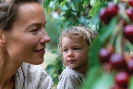 A mother enjoys a tender moment with her child in a cherry orchard, illustrating the beauty of family bonding in nature's embrace during cherry-picking season.
