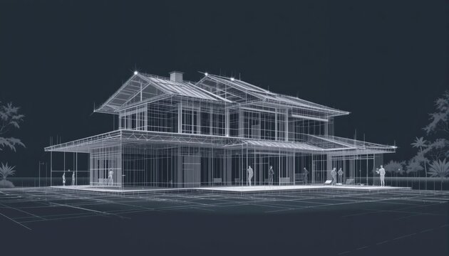 Modern house wireframe at night with blueprint glow