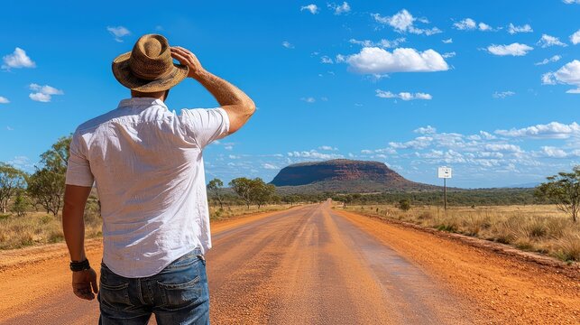 Man Wearing Cowboy Hat Standing on Outback Road Facing Mount Conner Australia