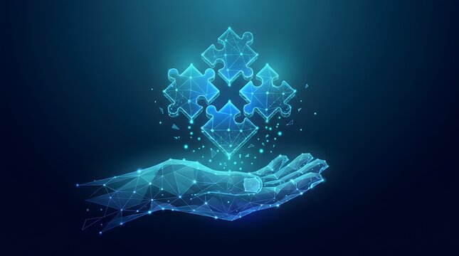 Glowing low poly hand holding digital puzzle pieces representing business strategy and problem solving