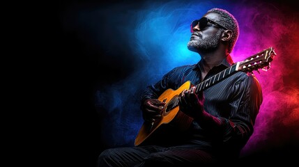 Fototapeta premium Stylish Senior Man Playing Acoustic Guitar with Neon Lighting