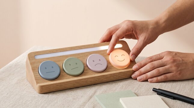 Mood tracker device wooden frame with four emotional state buttons for daily wellness and mental health monitoring