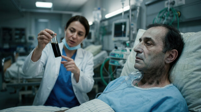 Medical professional discussing lung health concerns with patient who has a tracheostomy in a hospital setting