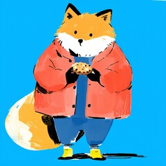 Obraz premium Cute fox character wearing coat and holding cookie. Whimsical animal illustration for children print, sticker, and greeting card. Digital drawing of funny forest creature art design.
