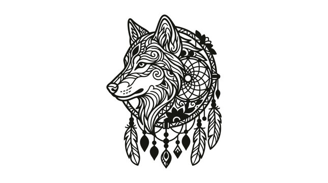 Stylized wolf head with dreamcatcher elements and feathers