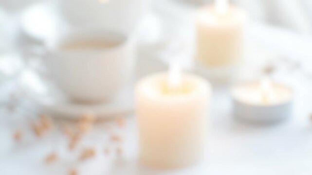 A cozy atmosphere with a cup of coffee and candles on a table