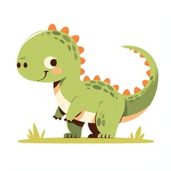 Fototapeta premium Cute cartoon dinosaur standing on green grass. Little T-Rex character with friendly smile illustration. Playful prehistoric animal for nursery decor, children book and kid education.