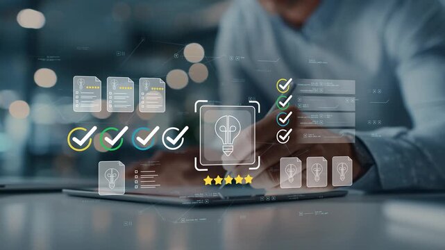 Innovation management platform with animated light bulb icon, creative business planning documents, strategic workflow, enterprise idea development and digital transformation technology