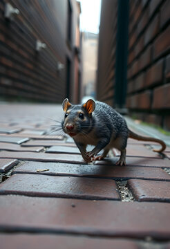 Alert rat scurrying on brick alley floor