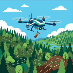 Naklejka premium A drone flying over a lush green forest landscape, dropping a seed bomb for reforestation, with young plants and a river visible below.