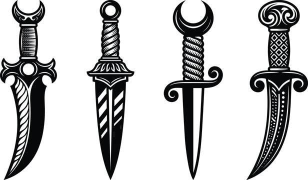 Ornate Dagger Silhouette Vector Set with Curved and Medieval Decorative Blade Collection