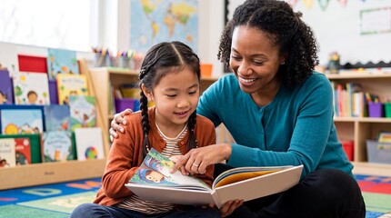 Obraz premium teacher child reading book classroom education learning girl student literacy Caring educator reads with a young pupil in a school setting for early literacy development and tutoring campaigns