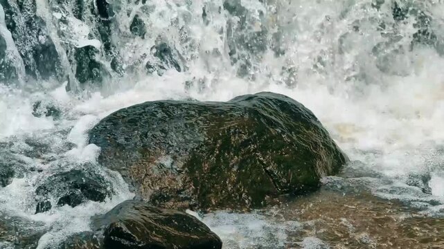 Close-up of a large rock surrounded by rushing water and white foam in a natural setting