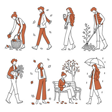 Autumn equinox day illustrations with people enjoying outdoor activities  