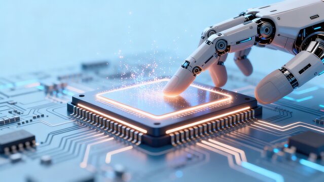 Humanoid robot hand activating advanced AI processor on circuit board, idea for semiconductor presentation, artificial intelligence website banner and automation technology marketing