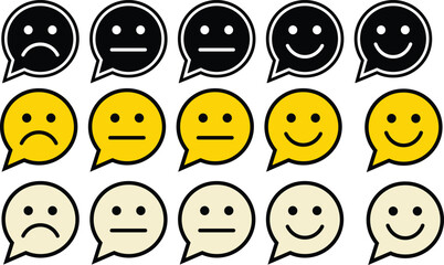 Fototapeta premium Yellow and black emoji faces within speech bubbles a flat vector illustration with varying expressions communication emoticon facial expression feedback