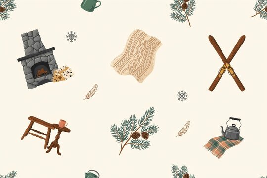 Cozy winter cabin lifestyle seamless pattern with stone fireplace, wooden skis, knitted blanket, pine branches, and steaming tea on light background