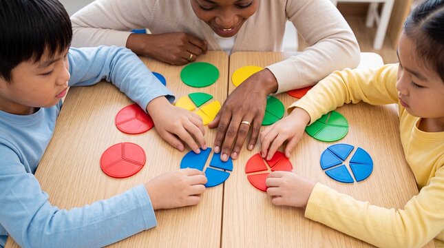 teacher children fractions math classroom education learning school manipulatives geometry Educator guides young pupils using colorful circle pieces to understand division and build numeracy skills