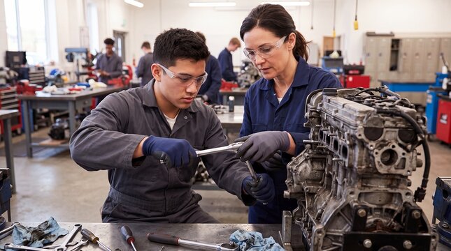 mechanic student teacher engine automotive workshop training education repair vocational Instructor guides a trainee using tools on a car engine in class for practical skills and career development