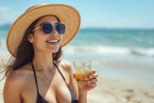 Portrait of happy woman at the beach, cool drink held close to her hand. Waves roll gently in the distance