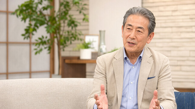 穏やかな表情でインタビューに答える信頼感のある日本人高齢男性
Trustworthy senior Japanese man speaking calmly during an interview