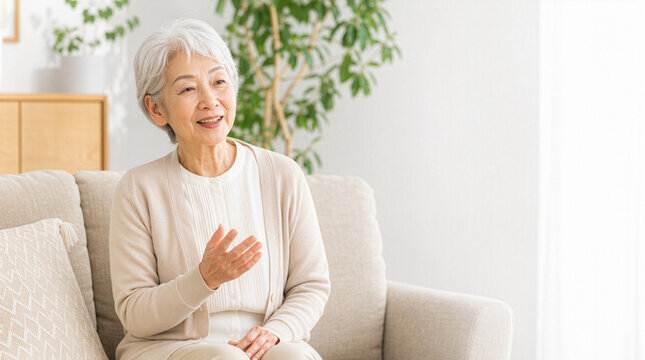 穏やかな笑顔でインタビューに答える親しみやすい日本人シニア女性
Friendly senior Japanese woman answering an interview in a bright modern living room