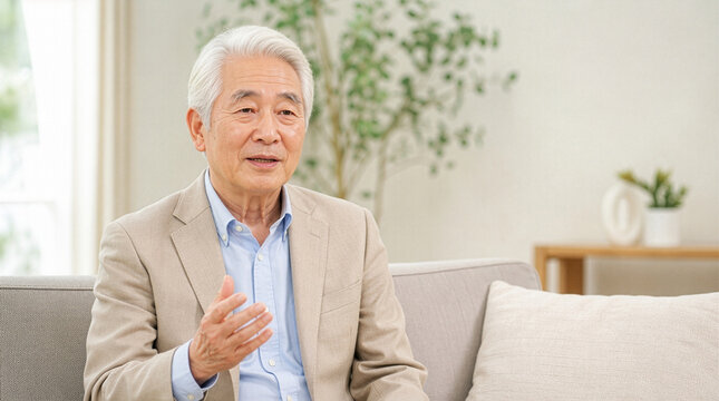穏やかな表情でインタビューに答える信頼感のある日本人高齢男性
Trustworthy senior Japanese man speaking calmly during an interview
