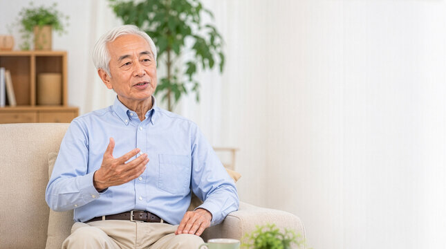 穏やかな表情でインタビューに答える信頼感のある日本人高齢男性
Trustworthy senior Japanese man speaking calmly during an interview